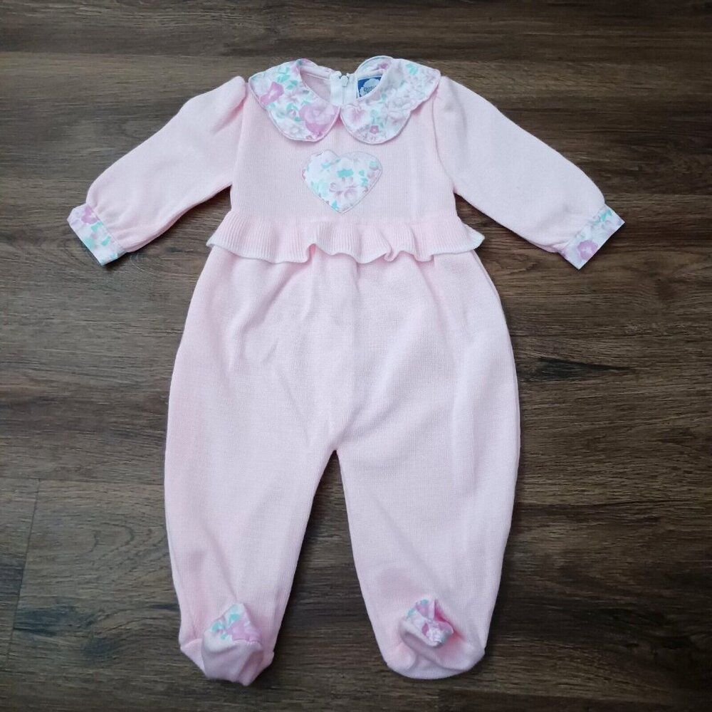 Vintage 12 Mo Carriage Boutiques Pink One Piece Footed Romper Sweater Heart